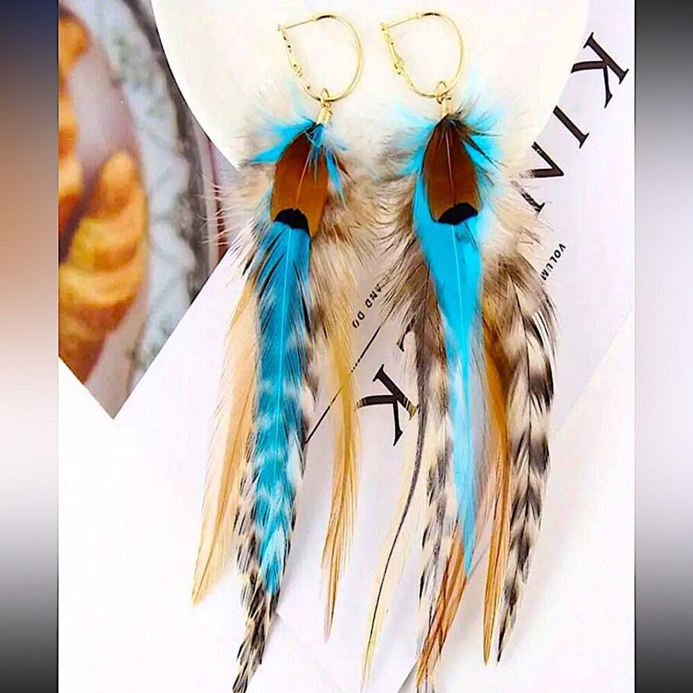 Bohemian Handmade aFeather Dangle Earrings, Turquoise brown , Western, Boho,…
